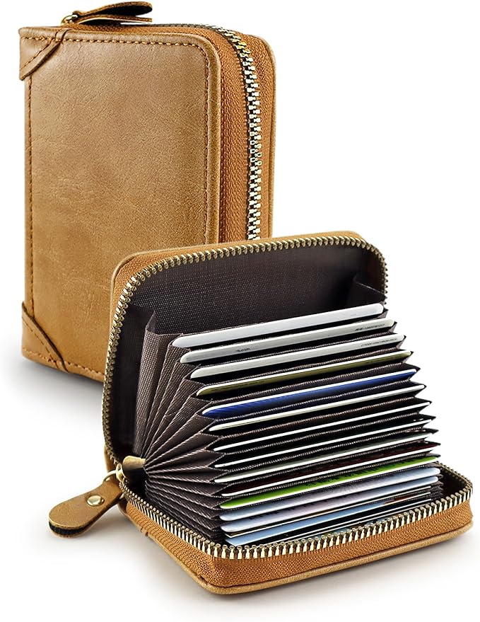 Leather Business Card Holder, RFID Blocking 20 Slots Zipper Credit Card Organizer, Khaki