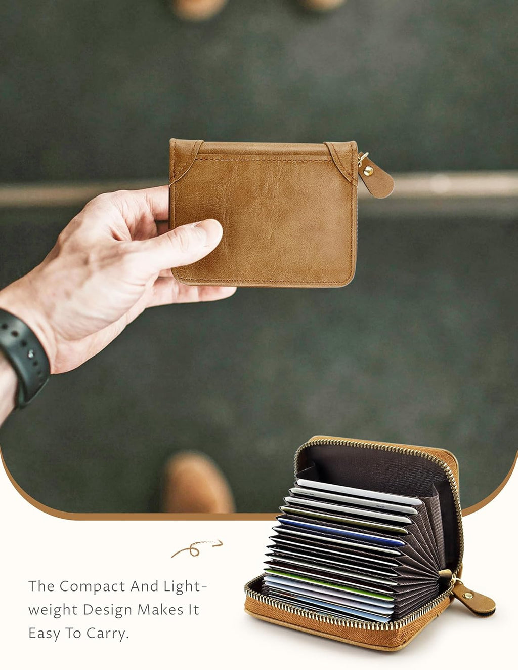 Leather Business Card Holder, RFID Blocking 20 Slots Zipper Credit Card Organizer, Khaki