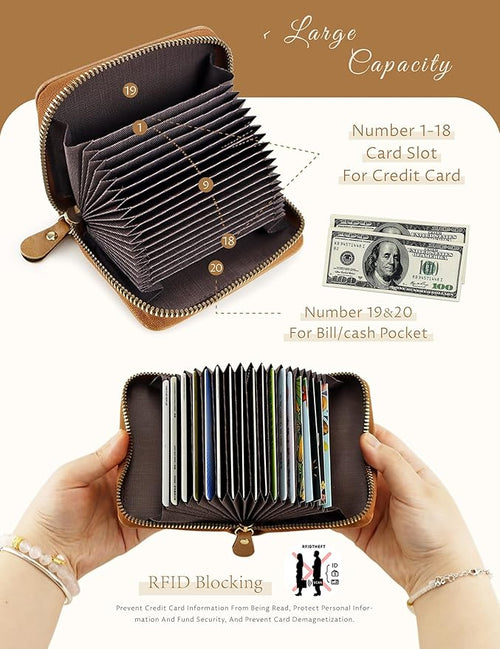 Leather Business Card Holder, RFID Blocking 20 Slots Zipper Credit Card Organizer, Khaki